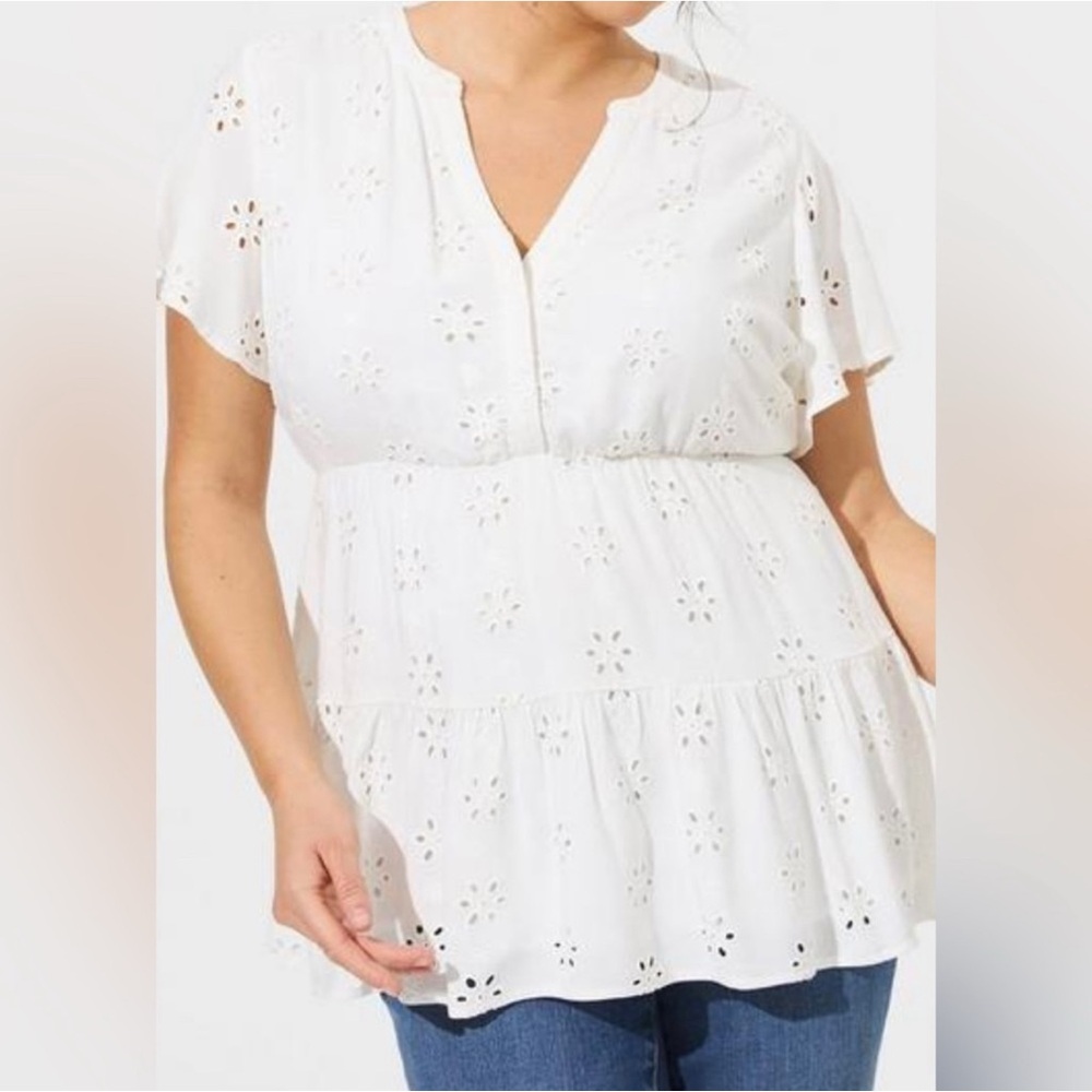 Torrid Babydoll Blouse Women's 3X White Eyelet Tiered Top